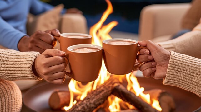 Three hands holding mugs of hot cocoa toasting near glowing campfire, warm winter evening with cozy knit sweaters and golden firelight