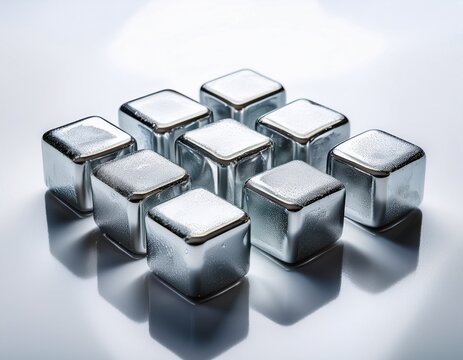 a close up of six metal ice cubes arranged on a white surface with soft shadows and reflections