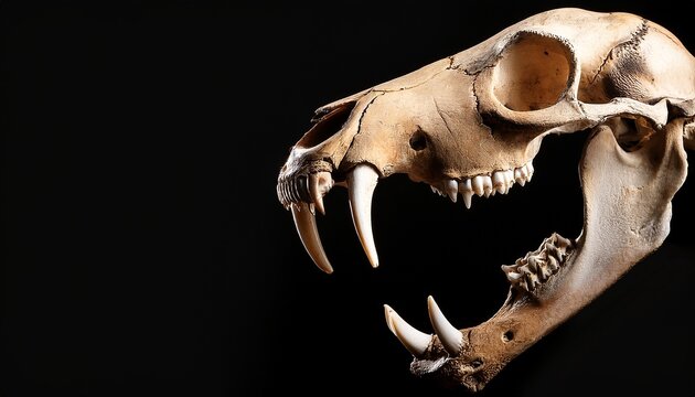 a close up view of a saber toothed tiger skull on a black background