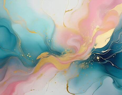 abstract liquid ink painting background in pastel colors with gold splashes