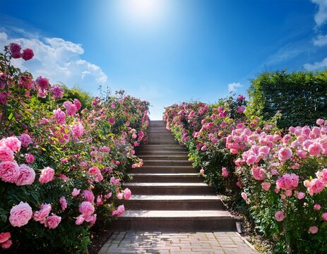 a beautiful staircase covered in pink roses on a sunny day