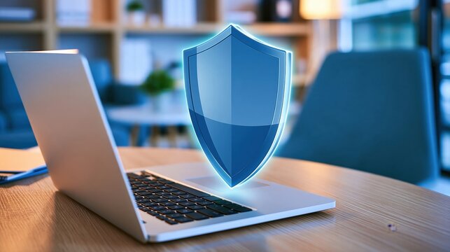 Laptop on wooden desk with glowing blue shield icon floating above keyboard, modern office background, shallow depth of field