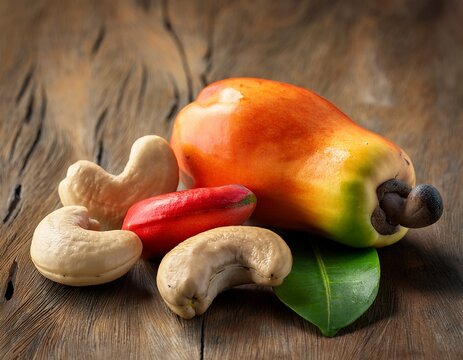 cashew fruit over a wooden surface