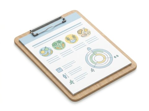 Nutrition assessment clipboard with food groups and biometric chart, personalized diet concept