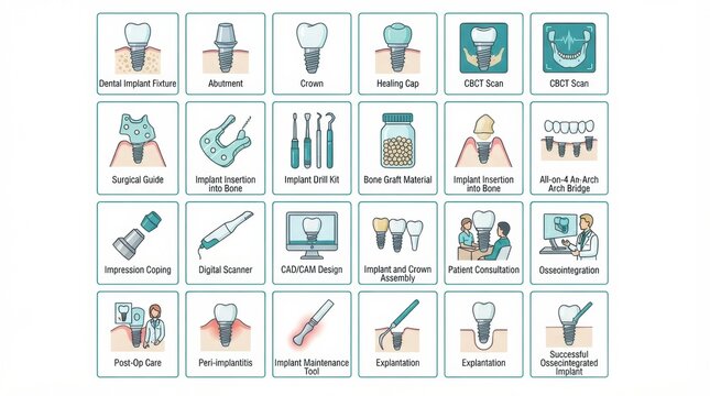 A collection of icons illustrating dental implant processes including insertion, osseointegration, and tools used in oral surgery