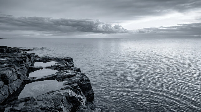 And landscape of rocky coastline with tide pools and calm sea under generated using ai