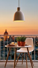 Obraz premium Serene urban balcony lifestyle with warm sunset glow