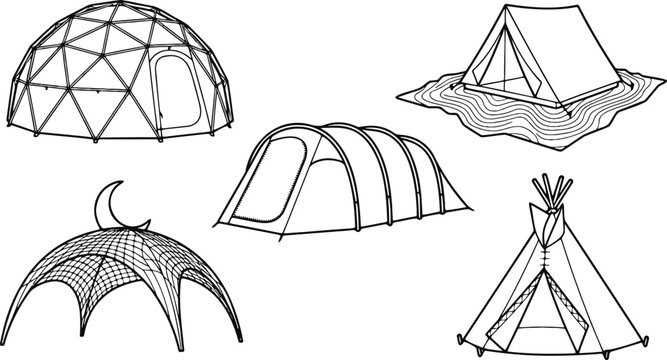Different types of camping tents and outdoor shelter structures outline vector illustration isolated on white background