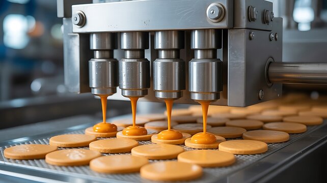 Precision industrial equipment depositing orange cream onto round wafers on a conveyor belt in a large scale biscuit manufacturing plant