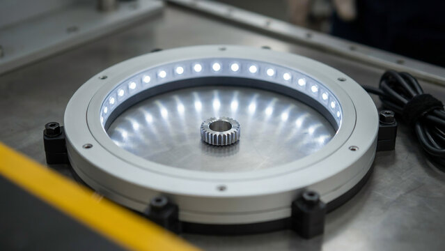 Precision gear under ring light for inspection and measurement keywords: gear, cogwheel, metal