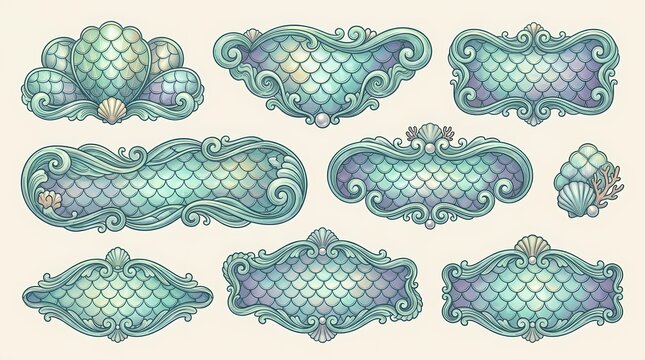 Decorative marine themed frames featuring intricate scrollwork patterns and textured mermaid scale motifs suitable for invitations or stationery projects requiring a whimsical aquatic aesthetic