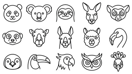 Fototapeta premium A charming collection of diverse animal face illustrations in a minimalist vector style perfect for design projects