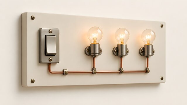 Wall mounted electrical panel board showing parallel circuit configuration with toggle switch controlling three illuminated vintage light bulbs