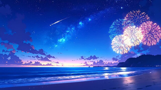 星空と天の川、流れ星と打ち上げ花火が輝く夜の砂浜、ループ可能なアニメ風背景動画 / Starry night sky with the Milky Way, shooting stars, and fireworks over a beach, seamless looping anime-style background video