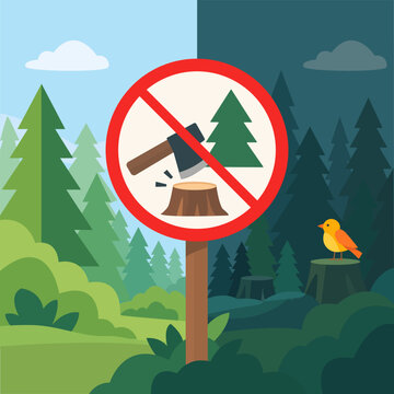 Prohibition sign banning tree logging and forest destruction, crossed axe, stump, and fir icon, protected forest and devastated woodland,deforestation and environmental preservation,flat design vector