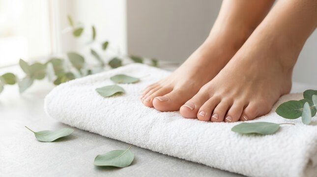 Clean bare feet resting on a white towel with eucalyptus leaves for foot care.