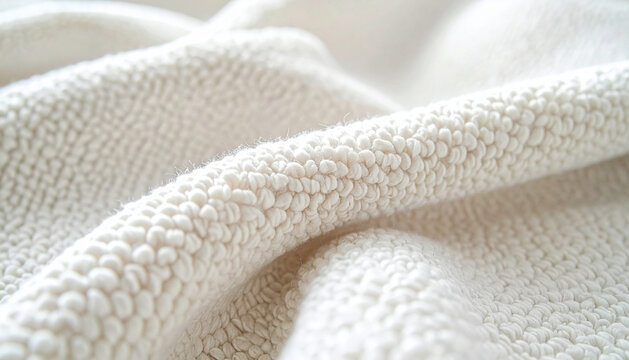 Pale boucle upholstery fabric with dense looped nubs curving gently under soft window light in creamy warm tones generative AI