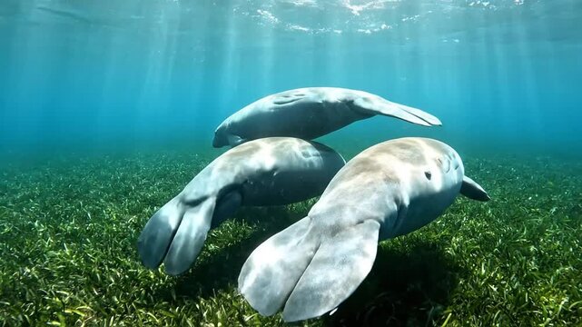 Two manatees swimming over seagrass in clear tropical water