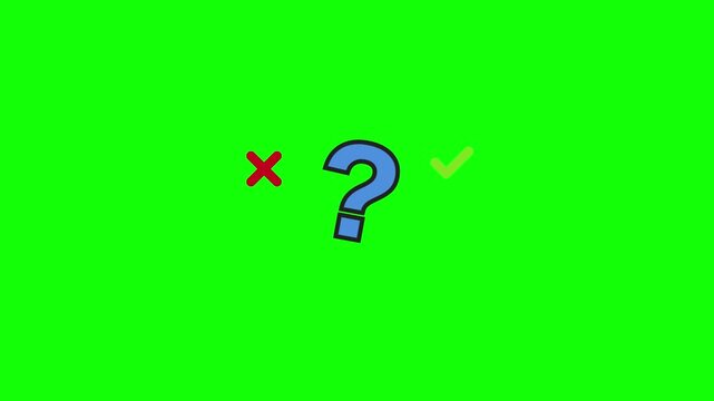 Animated Question Mark Turns into X and Checkmark on Green Screen Concept of Choice Decision Quiz