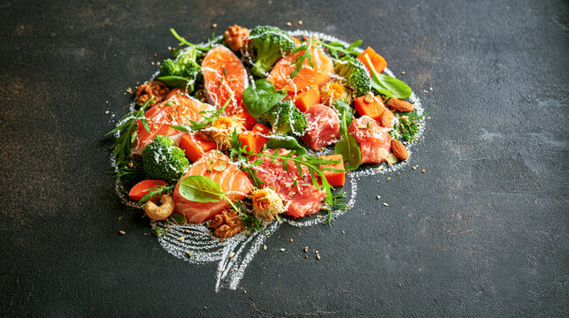 Food arrangement on a black surface with vegetables and fruits shaped like a brain