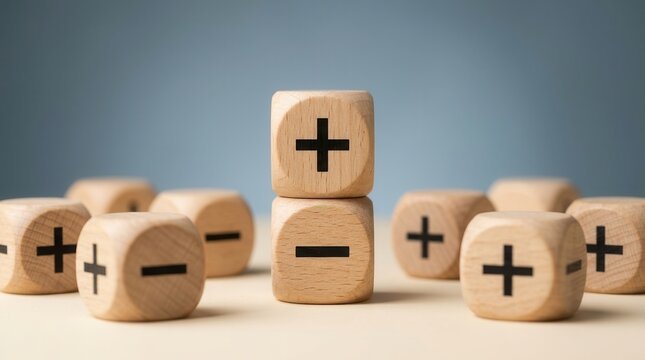 Wooden blocks with plus and minus symbols for business profit and loss analysis.