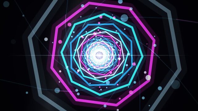 Futuristic neon octagonal tunnel loop with glowing particles and
