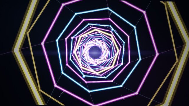 Futuristic Neon Lights Infinity Tunnel With Geometric Octagonal Frames