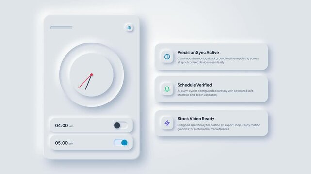 Neumorphic user interface design with clock widget and toggle switches in minimalist style