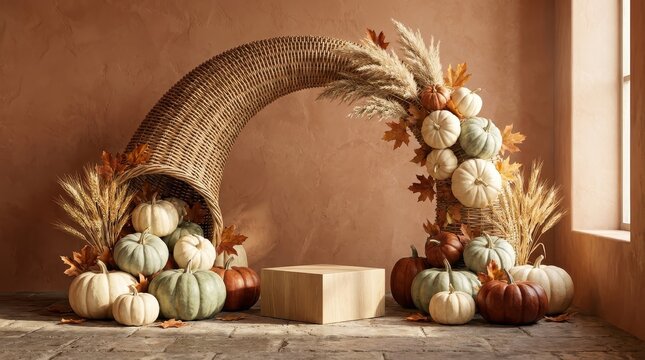 Decorative wicker cornucopia filled with festive autumn pumpkins and dried wheat stalks placed beside a natural wooden square product podium