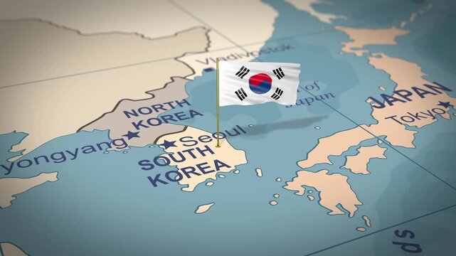 South Korea Map with Korean Flag &ndash; Footage for News, Geopolitics, Travel, Education and Documentary Content
