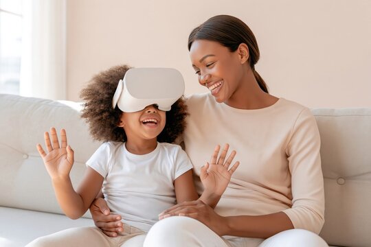 Child wearing virtual reality headset laughing with mother on light beige sofa in bright interior