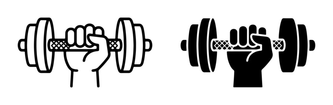 Hand holding dumbbell icon, strength training symbol, fitness workout graphic, weightlifting vector art, gym exercise illustration