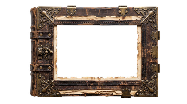 Antique leather book frame with brass clasp on white background