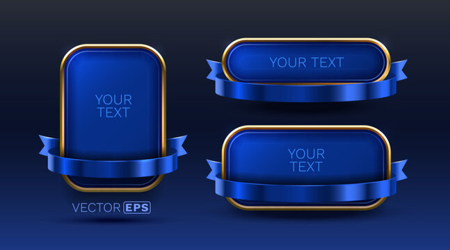 Elegant Blue Glossy Frames with Golden Border and Ribbon Set for premium design. Vector illustration