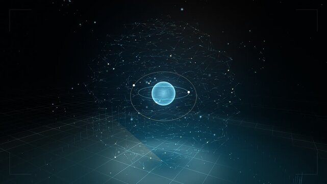 Futuristic Planet Orbiting Data Core with HUD Grid Background Loop