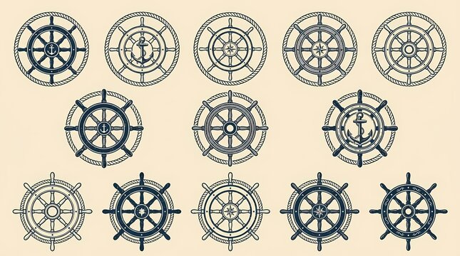 Set of multiple nautical steering wheels featuring vintage maritime shapes used by sailors on wooden ships to navigate the vast oceans and explore distant lands while traveling across deep blue