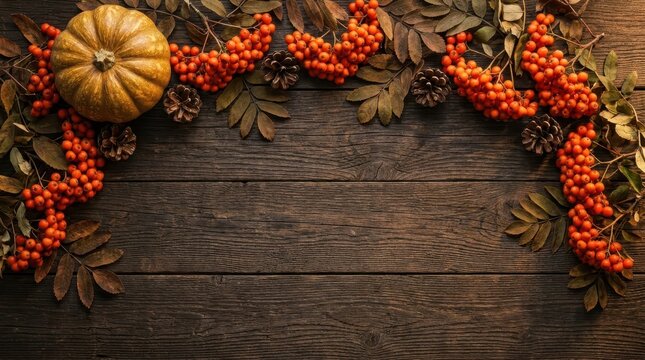 Vibrant orange autumn berries, textured pumpkin, pine cones, and dried leaves arranged on rustic dark brown wooden planks