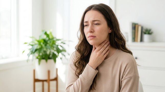 A young woman experiencing a sore throat or neck pain indoors.