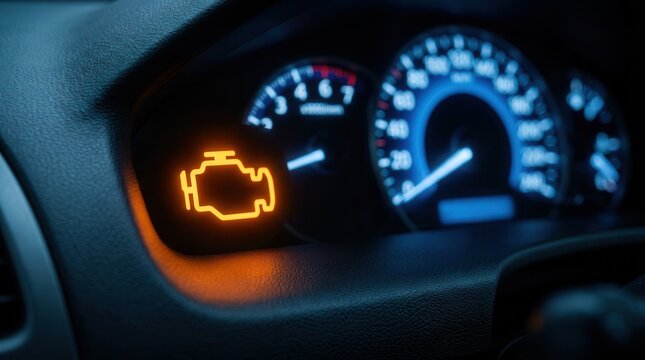 Orange check engine light glowing on a vehicle dashboard console.