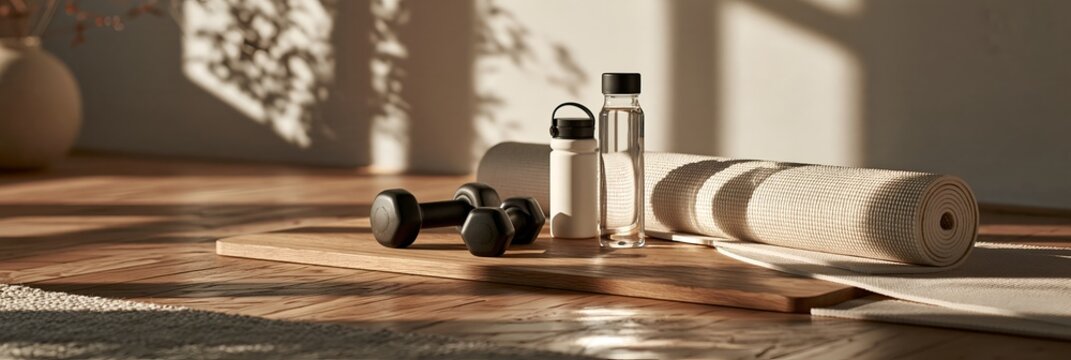 Fitness equipment arranged neatly on wood floor