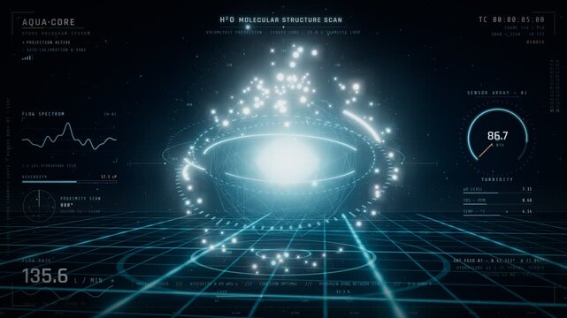 Futuristic H2O Molecular Structure Hologram Scan Interface