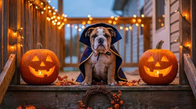 Adorable English bulldog puppy wears a deep blue cape while sitting patiently between two glowing jack-o'-lanterns for Halloween night celebrations