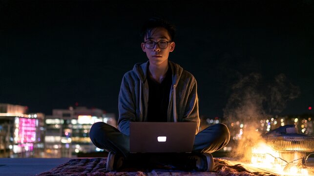 Student sitting cross-legged on a rooftop at night with a laptop glowing on his lap, city lights