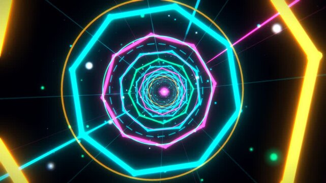 Futuristic Neon Lights Tunnel Loop With Complex Rotating HUD Rings