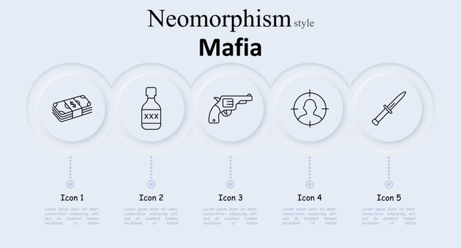 Mafia set icon. Cash stack shows dollar marks. Bottle bears triple x label. Revolver points right barrel. Target circle frames person silhouette. Dagger blade points upward.