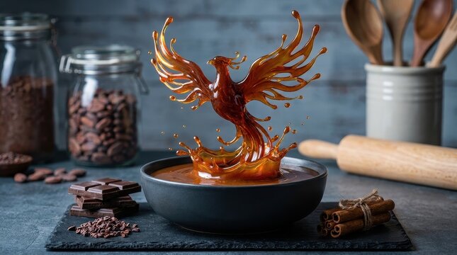 Caramel phoenix sculpture rising from dark liquid in black bowl created with high contrast lighting and macro photography food art