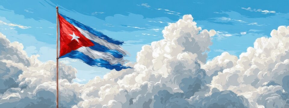 Cuban flag waving in the wind against a blue sky with white clouds during a clear day
