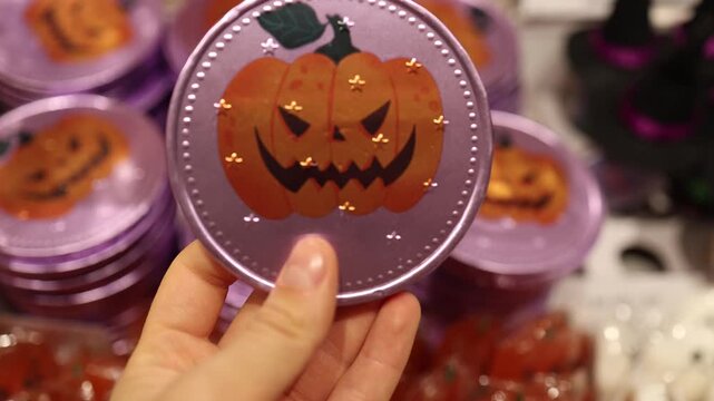 Halloween round chocolate with spooky pumpkin wrapper held by a shopper among colorful seasonal sweets ready for party treats gift giving and October holiday celebrations