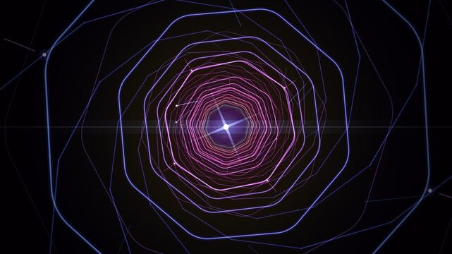 Colorful neon polygon tunnel loop with glowing laser lines and bright