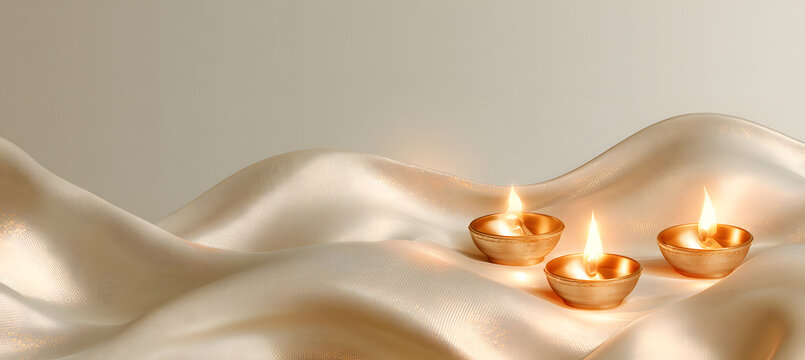 An elegant background for Diwali, featuring a creamy and gold palette, with lit diyas and draping fabric